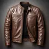 Jaqueta de Couro PU para Motociclista Transfronteiriça para Homens, Casaco de Couro com Gola Alta, Jaqueta Piloto Punk Slim Fit, Roupas Masculinas para Comércio Exterior Europeu e Americano Varejo