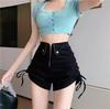 Cintura alta com cordão preto design apertado senso shorts feminino outono quente quente quente online ajuste fino elástico ultra curto botas calças