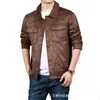Jaqueta masculina de camurça para primavera e outono, jaqueta workwear com gola de lapela, top masculino casual com múltiplos bolsos