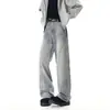 Jeans Retro Americano Desgastado de Corte Diagonal con Dobladillo Curvo para Hombre, Versátiles de Primavera, Holgados, Rectos, con Cordón, Caídos, de Pierna Ancha