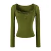 Camisa básica chic estilo coreano com renda e manga longa para mulheres, novo top elegante e bonito de corte justo para o início do outono com decote quadrado
