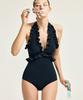 Nuevo Traje de Baño Enterizo de Color Sólido con Volantes y Cuello Halter Estilo Resort Costero para Mujer con Acabado de Alta Gama