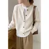 Cardigã de malha grossa 100% lã para outono e inverno para mulheres, gola redonda, mangas raglan, caimento solto, casual, versátil, casaco de malha plus size
