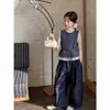 Conjunto de 2 Peças Feminino Estilo Coreano Verão 2026 Doce e Picante Retrô Xadrez Sem Manga + Calça Jeans Fina Tendência