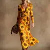 Vestido Transfronteiriço Novo Estilo com Decote em V e Mangas Longas com Elementos de Impressão Digital 3D, Saia Fashion e Personalizada para Marcar a Cintura Feminina
