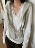 Outono e Inverno 2024/Edição Grande Estilo Ocidental Gola V Renda Manga Longa Camiseta Feminina Simples Cor Sólida Camisa Base Top Interno