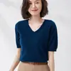 Estilo Novo Primavera e Outono Suéter Gola V Manga Meia Manga Malha Fina Top, Fashion e Versátil, Caimento Solto, Emagrecedor Manga Curta para Mulheres
