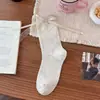 Calcetines finos para mujer, calcetines apilados, calcetines hasta la pantorrilla con lindos moños y encaje, combinados con zapatos pequeños de cuero, estilo ballet, primavera y verano