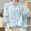 Camisa de Manga Larga de Gasa de Algodón de Doble Capa, Suave, Transpirable y Amigable con la Piel, con Bordado de Hojas Fresco y Sencillo para Mujer, Top Artístico de Algodón Puro Estilo Mori