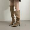 Outono e Inverno 2025 Novas Botas Stiletto Dobráveis de Camurça de Bico Fino Estilo Coreano de Duas Formas para Mulheres Botas Versáteis com Zíper Lateral