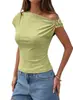 2026 Amazon Moda Transfronteriza Europea y Americana Camiseta de Manga Larga Acanalada Ajustada Asimétrica Hombros Descubiertos con Hebilla Metálica para Mujer