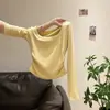 Camiseta Roxo 92% Algodão Estilo Suave com Decote U Manga Longa para Mulheres, Novo Estilo de Início de Outono, Cintura Franzida, Top Básico