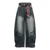 Calça de Perna Curva High Street Retrô Americana Jeans de Marca Tendência Masculina e Feminina Outono Novo Solta Casual Comprimento Total Perna Larga Tendência