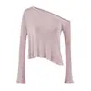 Camiseta Asimétrica de Manga Longa Off-Shoulder Estilo Hot Girl Outono 2026 para Mulheres, Top de Malha Semitransparente, Top Curto Sexy Off-Shoulder