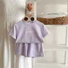 Conjunto de Verano para Niñas Estilo Coreano Camiseta de Manga Corta y Shorts Dos Piezas Color Sólido Estampado Casual Ropa Infantil Nueva Ropa de Verano para Niños
