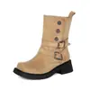 Botas vaqueras retro Maillard para mujer, botas de otoño e invierno de suela gruesa con tacón grueso hasta la mitad de la pantorrilla con hebilla de cinturón, botas Martin de gamuza estilo páramo