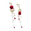 Brincos de Franja Assimétricos Estilo Francês Retrô Super Fada Canção de Amor Rosa Vermelha Clips de Orelha Não Perfurados de Nicho de Alta Qualidade