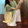 Conjunto de Moda Coreana Verão 2026: Camisa Listrada Gola Redonda Manga Curta Estilo Japonês Retrô + Calça Saia Cor Damasco