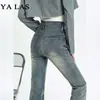 Jeans Retro Estilo Americano Micro-acampanados para Mujer Forma de Pera Cintura Alta Ajustados Elásticos Pantalones Cortos Tipo Horseshoe Spice Girl