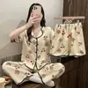 [Conjunto de três peças de blocos de montar] Pijama estilo coreano confortável absorvente de suor verão estilo ins desenho animado doce para meninas conjunto feminino