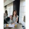 Camisa Azul de Manga Corta con Volantes y Corbata en V para Mujer Sasaouni, Nuevo Estilo de Verano, Blusa Muy Bonita