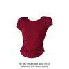 Gola Redonda, Ombro Normal, Cintura Marcada, Camiseta de Manga Curta para Mulheres, Estilo Verão, Petite, Estilosa, Franzida, Slim Fit, Top Curto Vermelho