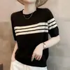 Nueva camiseta de punto de manga corta de algodón puro de verano, estilo coreano adelgazante, top casual simple a rayas fino para mujer
