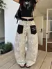 Jeans de perna reta com bolso e estampa de leopardo retrô americano para mulheres, design único, estilo de nicho, calça larga de trabalho de perna larga solta para primavera