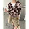 Cardigan Abrigo de Punto con Cremallera con Capucha Rayas Academy Bolsillo Manga Larga Rayas Redondas Estilo Coreano Cardigan de Punto Holgado para Mujer