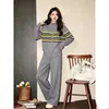 Cardigan de Tricô Color Block Listrado com Zíper Duplo Estilo Preguiçoso Solto Conjunto de Duas Peças Calças Wide Leg