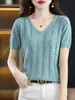Camiseta de Algodón Puro con Cuello en V, Calada, Manga Corta para Mujer, Diseño Versátil Primavera/Verano, Tejido Calado Simple y Elegante al por Mayor