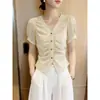 Camisa Bege de Manga Curta com Botões Frontais, Gola, Mangas Bufantes Plissadas, Estilo Francês, Alto Padrão, Corte Slim e Visual Elegante