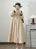 Vestido Longo de Manga Longa com Estampa Xadrez Artística Estilo Japonês para Mulheres, Coleção Primavera 2026, Vestido Soltinho Emagrecedor Atacado