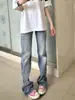 Jeans Americano Lavado Azul Claro High Street com Bigodes Cintura Baixa Micro Flare para Mulheres Emagrecedor Justo Perna Estreita Calça Reta Stretch