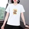Camiseta Tendência de Manga Curta para Mulheres, Versátil de Verão, Caimento Solto, Esconde a Barriga, Emagrecedora, Tamanho Plus, Top Estampado Fashion