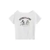 Camiseta de Verão Novo Estilo Manga Curta Ombro a Ombro de Um Ombro para Mulheres, Top Casual Solto com Estampa de Desenho Animado Americano Mickey para Mulheres