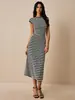 Vestido Largo Casual para Mujer 2026 Transfronterizo Europeo y Americano Amazon Moda Bloques de Color Rayas Cintura Ajustable Cuello Redondo Manga Corta
