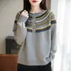 Tricô Fair Isle Étnico com Borda Enrolada e Gola Meia Aberta Outono e Inverno Tricô Jacquard Retrô com Padrão Geométrico Top Solto Preguiçoso