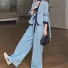Conjunto de Dos Piezas para Mujer con Top de Cinta Azul y Pantalones de Pierna Ancha, Nueva Moda Primavera 2026 Estilo Coreano Versátil para el Trabajo