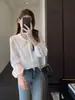 Blusa doce e jovial estilo francês com acabamento em renda, top de manga longa soltinho e modelador para mulheres, novo para o início do outono