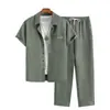 Traje Casual de Dos Piezas para Hombre de Lino Sintético de Manga Corta y Pantalón Largo, Verano, Corte Holgado, Camisa con Cuello de Solapa, Suministrado Directamente por Fabricante Transfronterizo