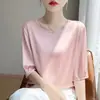 Estilo novo de verão, acetato acetinado, gola redonda, manga três quartos, regata lisa, peça externa plus size, top feminino