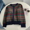 Cardigan de Lã Europeu Pesado Color-Blocking Jacquard Retrô Estilo Étnico Guaxinim Jaqueta Top de Alto Padrão Solta Emagrecedora