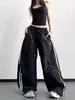 Calças Largas Estilo Esportivo Pretas para Mulheres, Novidade Primavera 2026 Calças Cargo com Cordão Soltas e Três Listras, Calças Casuais Únicas