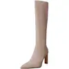 Botas Altas de Tacón Alto con Punta Chuyuji para Mujer, Modelo Nuevo Otoño 2026, Botas Elásticas Ajustadas de Gamuza Color Albaricoque, Tacón Grueso por Encima de la Rodilla