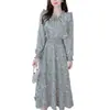 Vestido Longo Floral com Renda e Babados de Temperamento Francês Feminino Outono Afinando a Cintura Laço Linha A Transfronteiriço