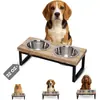 Tigela de Comida para Cachorro de Madeira Suporte Duplo para Alimentação Mesa de Jantar para Pet Suporte Dispensador de Água Combinação de Ferro e Madeira Tigela Dupla para Cachorro Gato Suporte