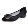 Sapatos de Bico Fino com Tela Femininos Respiráveis Plus Size Salto Grosso Boca Rasa Couro Macio Sapatos Femininos Sapatos Casuais