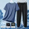 [Entrega Rápida] Traje Deportivo de Verano para Hombre, Transpirable, Casual, Absorbe la Humedad, de Manga Corta, Pantalón Largo, Conjunto de Dos Piezas de Seda de Hielo
