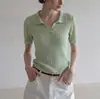 Camiseta de Punto Fina Versátil Adelgazante de Manga Corta con Cuello para Mujer, Té Verde Limón, Verano 2026